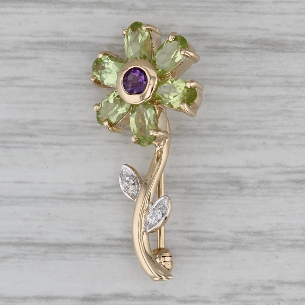 Gray 1.60ctw Amethyst Peridot Diamond Flower Pendant 10k Yellow Gold