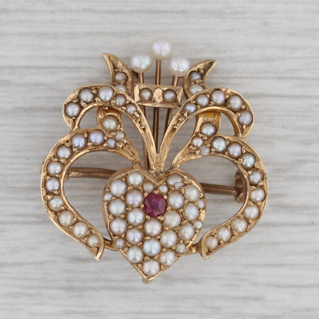 Gray Antique Edwardian Ornate Heart Brooch 14k Yellow Gold Pearl Ruby Pin