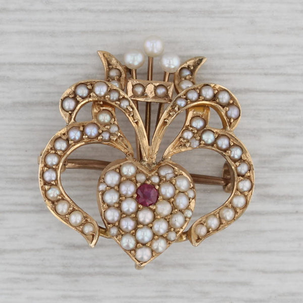 Antique Edwardian Ornate Heart Brooch 14k Yellow Gold Pearl Ruby Pin