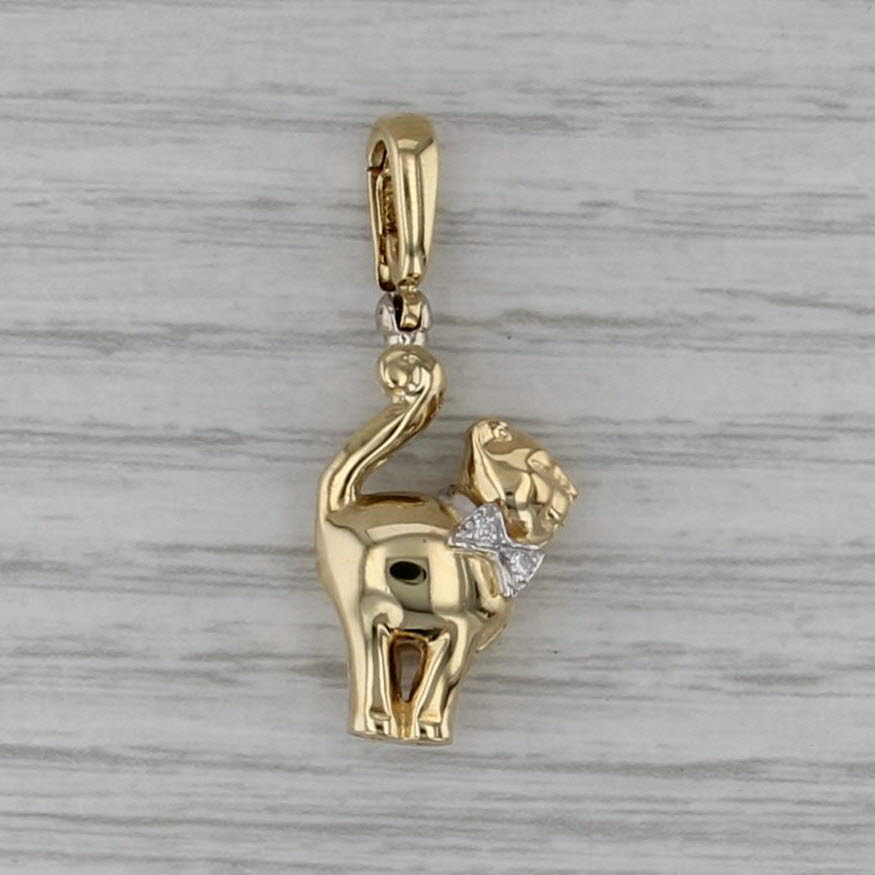Cat Wearing Diamond Bow Tie Pendant 18k Yellow Gold Kitten Charm Enhancer Bail