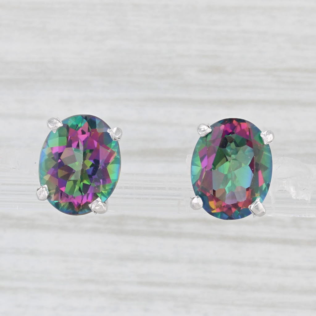 Light Gray 7.20ctw Oval Purple Green Mystic Topaz Stud Earrings 14k White Gold