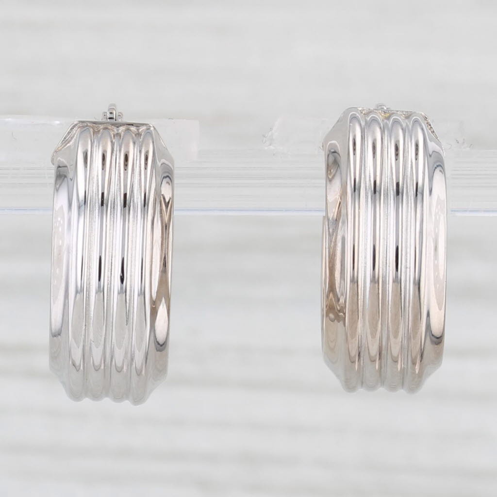 Light Gray Small Hoop Huggie Earrings 18k White Gold Snap Top Round Hoops Milor Italy