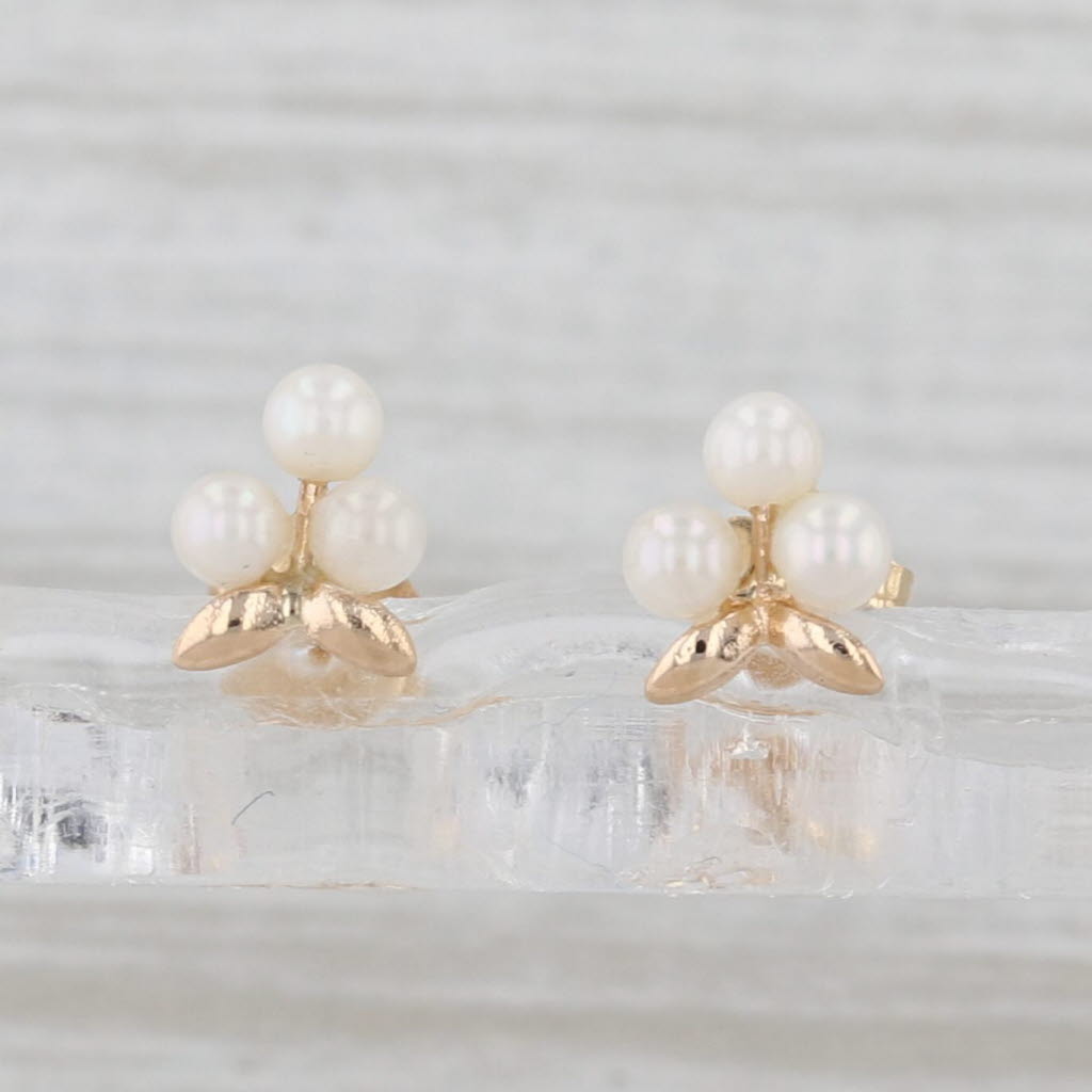 Small Cultured Stud Earrings 14k Yellow Gold Little Flower Studs