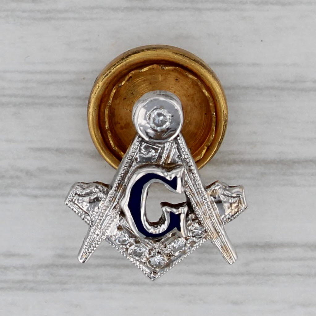 Gray Masonic Blue Lodge Square Compass Pin 14k Gold Diamond Signet Lapel