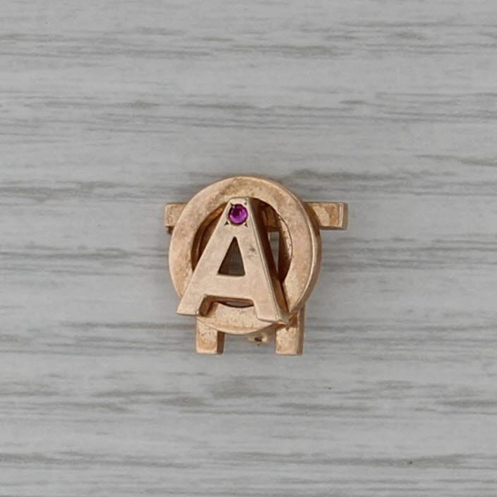 Alpha Omicron Pin 10K Gold Lab Created Ruby Vintage Sorority Badge