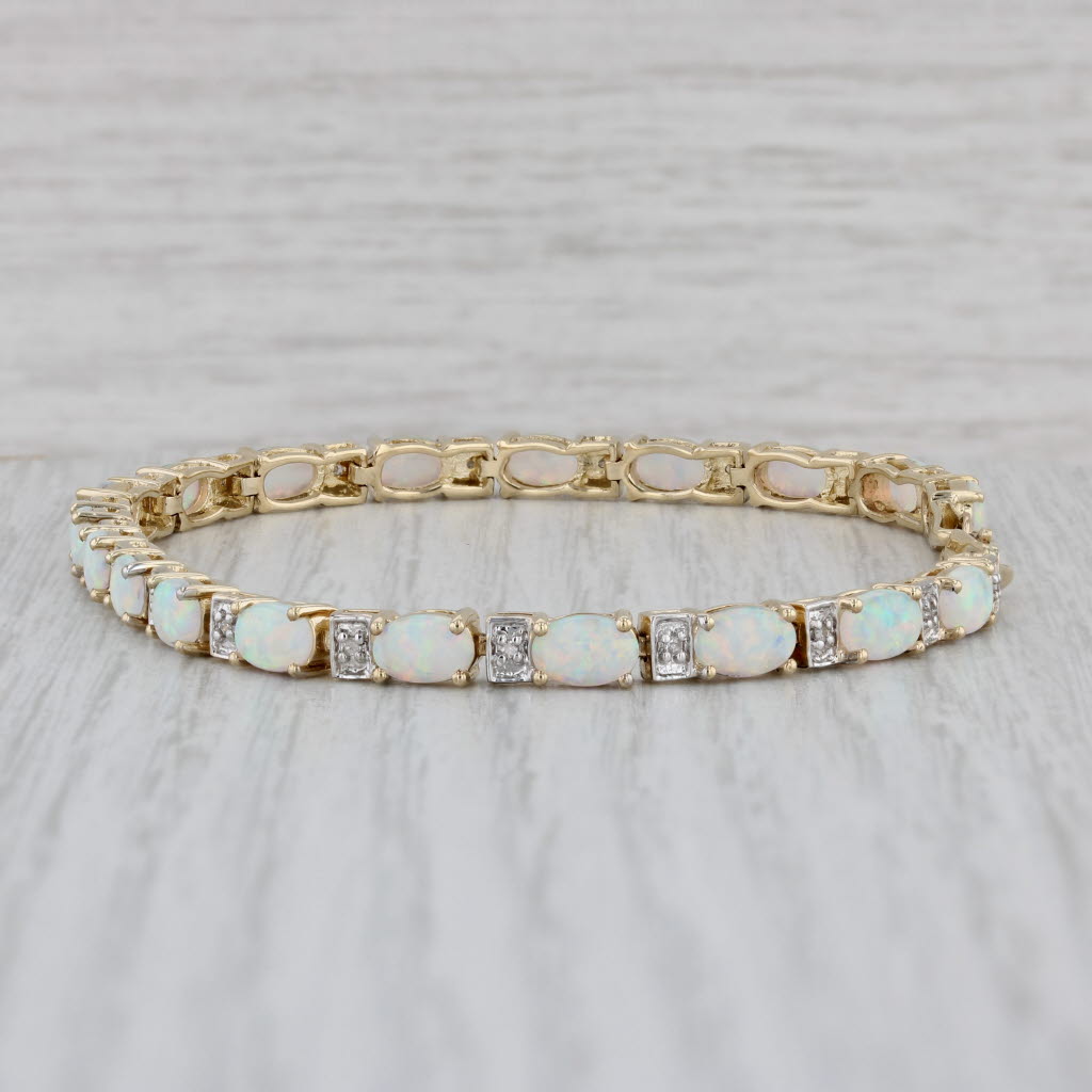 Gray Lab Created Opal Diamond Tennis Bracelet 10k Yellow Gold 7.25" 4.3mm