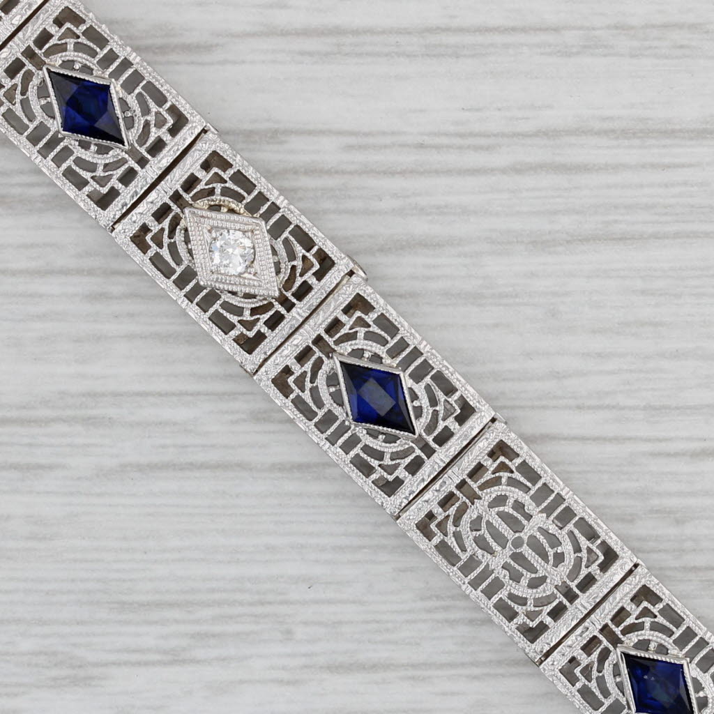 Gray Art Deco 1.74ctw Blue Lab Created Sapphire Diamond Filigree Bracelet 14k Gold