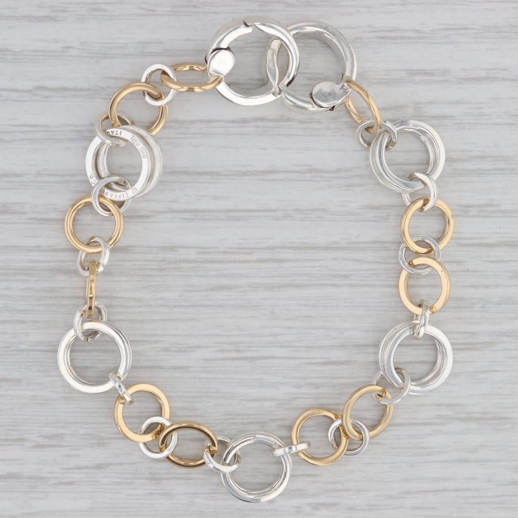 Gray Tiffany & Co Interlocking Circle Link Bracelet Sterling Silver 18k Gold 7.5"