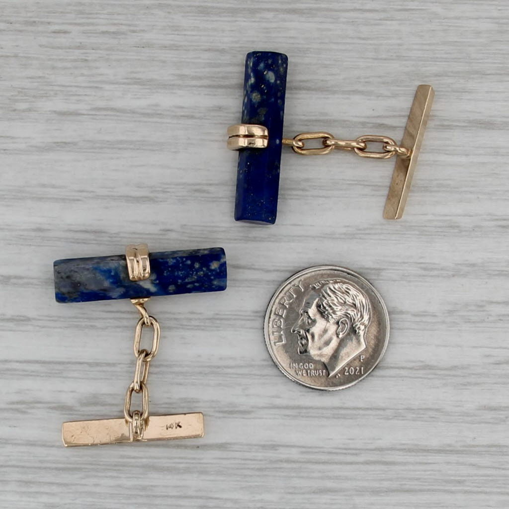 Vintage Lapis Lazuli Cufflinks 14k Yellow Gold Blue Stone Bar Men's Accessory