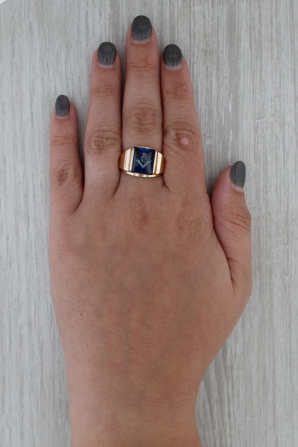 Masonic Signet Ring 10k Gold Lab Created Blue Spinel Blue Lodge Square Compass