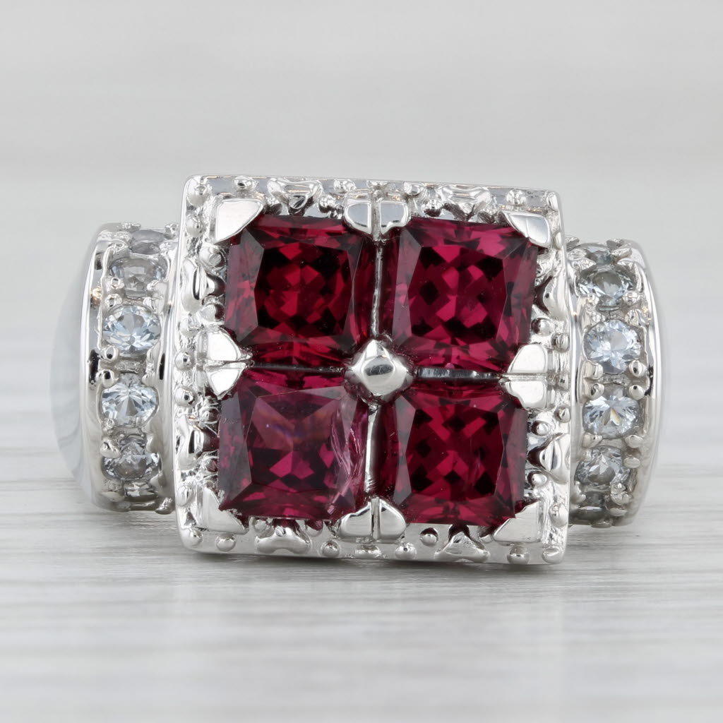 Light Gray Rhodolite Garnet White Topaz Sapphire Ring 14k White Gold Size 9 Cocktail