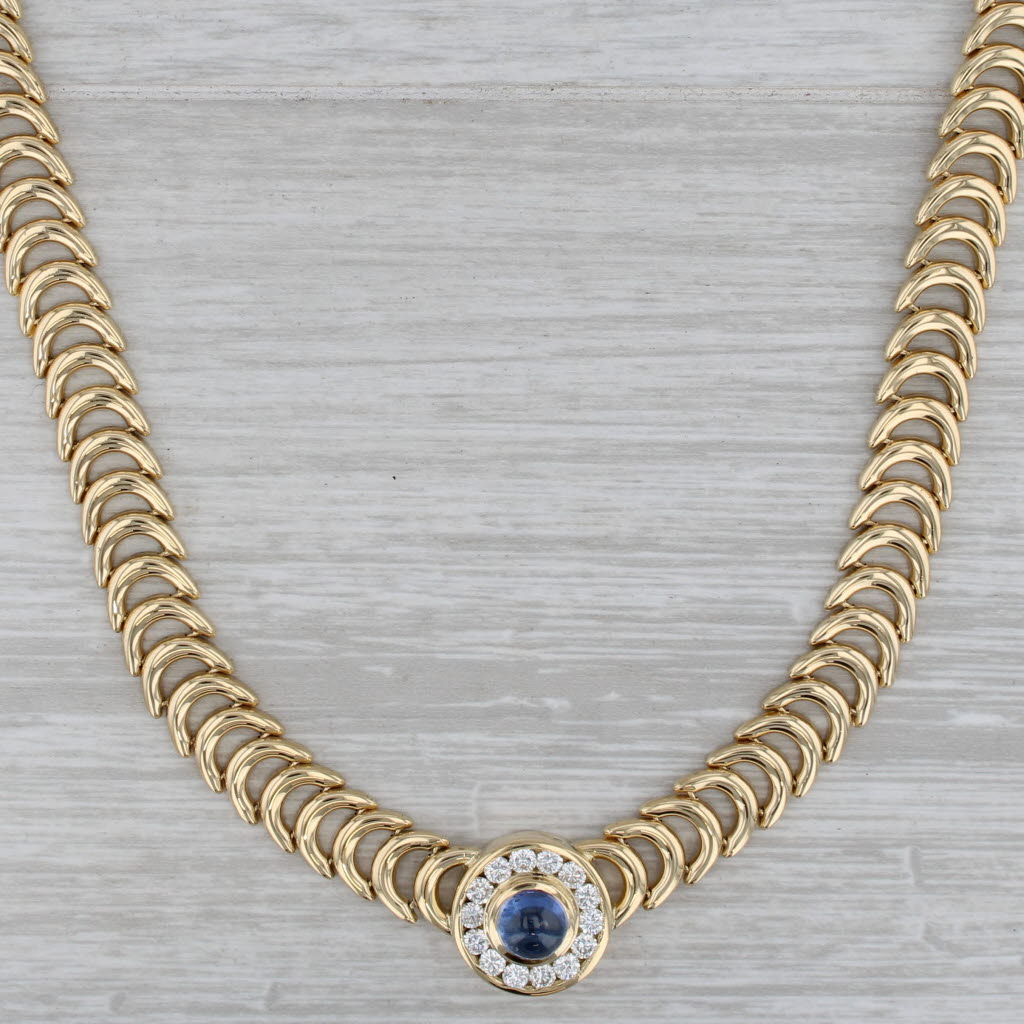 Gray Vintage Blue Sapphire Diamond Halo Crescent Link Necklace 18k Yellow Gold 15.25"