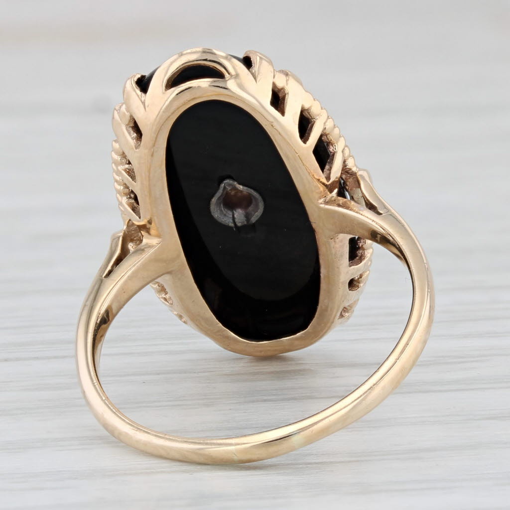 Light Gray Vintage Oval Onyx Diamond Signet Ring 10k Yellow Gold Size 7.75