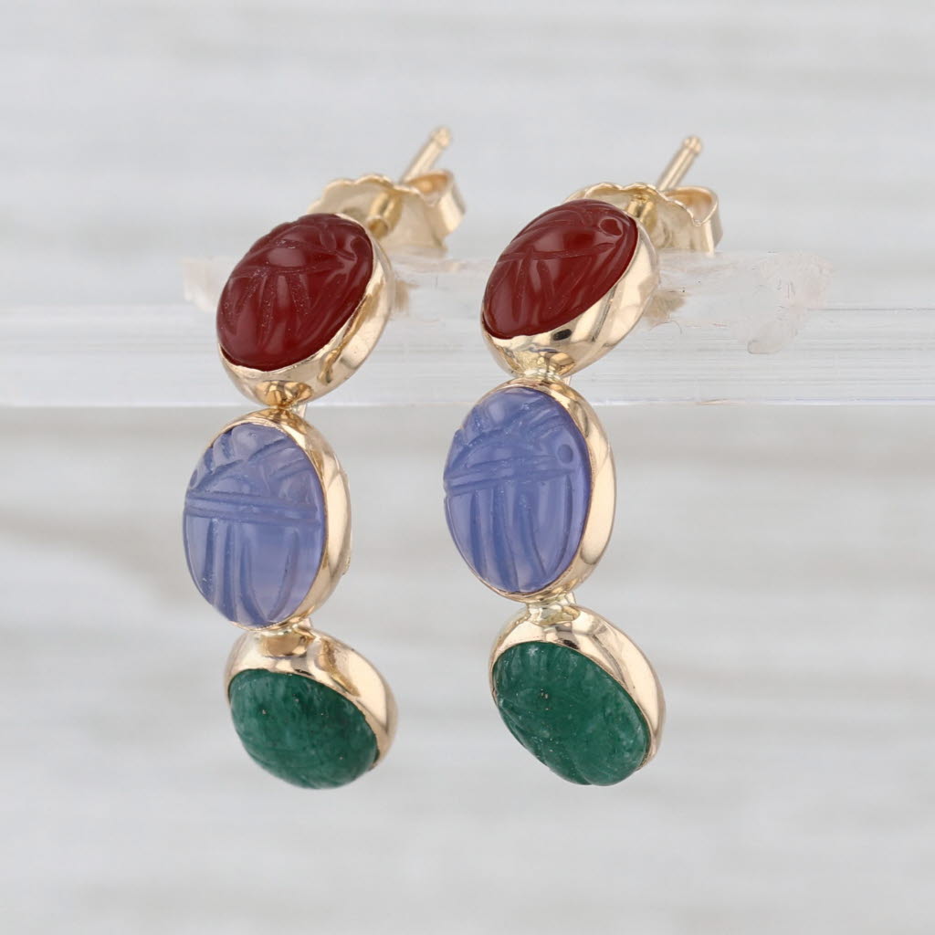 Scarab Carved Chalcedony Aventurine Oval Cabochon Half Hoop Earrings 14k Gold