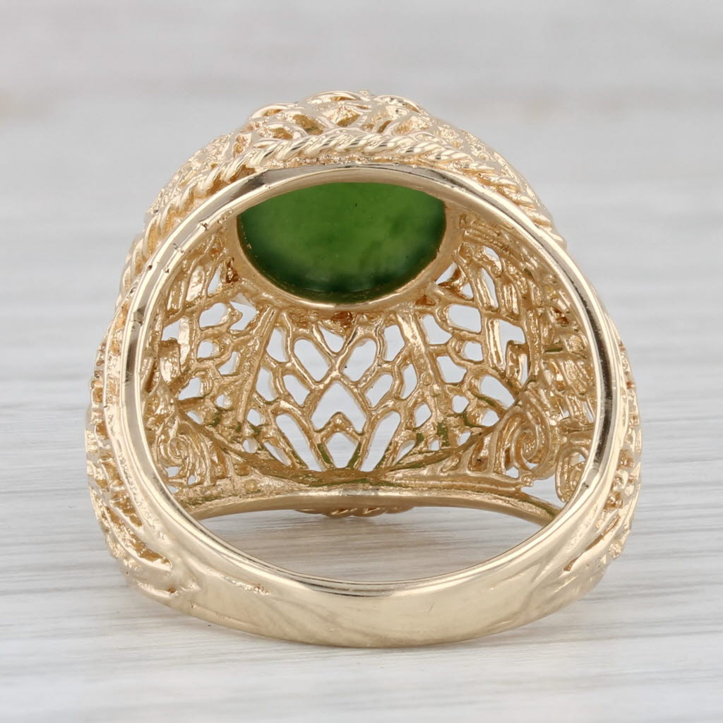 Gray Green Nephrite Jade Ornate Openwork Ring 14k Yellow Gold Size 6.25 Cocktail