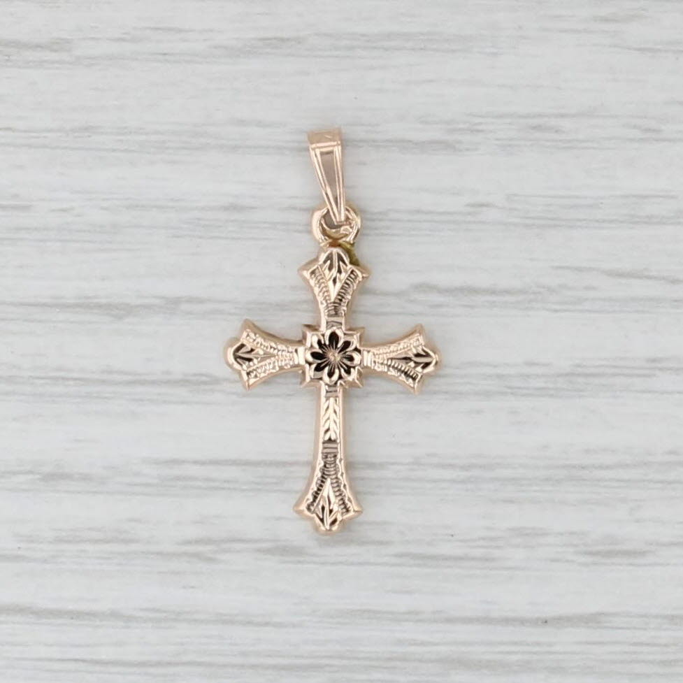 Vintage Floral Cross Pendant 14k Yellow Gold Small Drop
