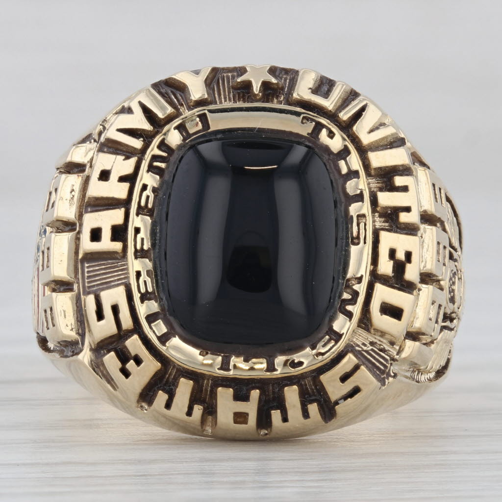 Gray US Army Ring Onyx 10k Yellow Gold Size 11 United States Military Vintage