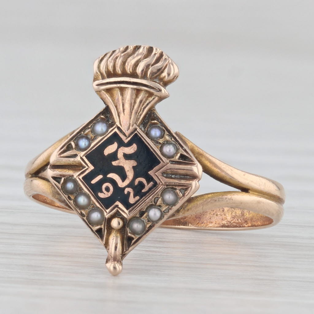 Light Gray Antique 1922 Art Deco Class Ring 10k Yellow Gold Pearls Enamel Torch Signet