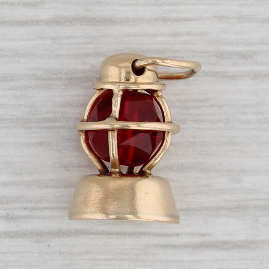 Gray Red Bead Lantern Charm 14k Yellow Gold 3D Pendant