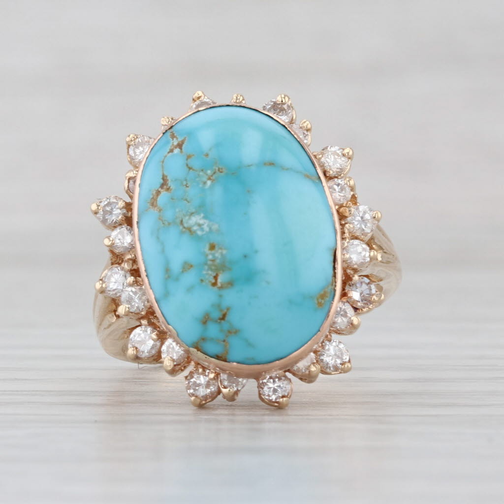 Turquoise Oval Cabochon Diamond Halo Ring 14k Yellow Gold Size 8 Cocktail