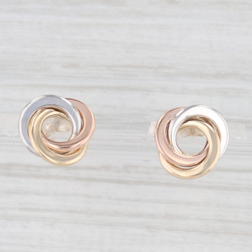 Light Gray Tri-Toned Knot Stud Earrings 14k Yellow White Rose Gold