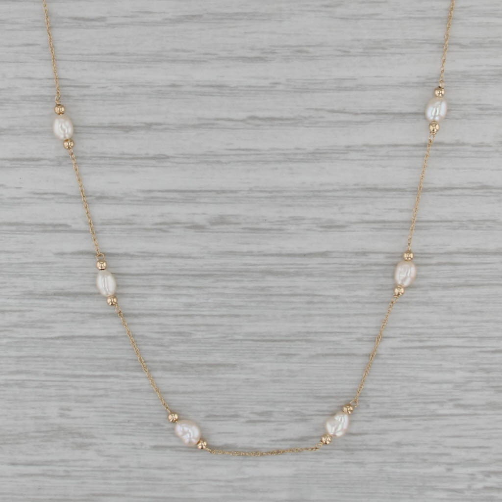 Cultured Pearl Station Necklace 14k Yellow Gold 16.5" Rope Chain