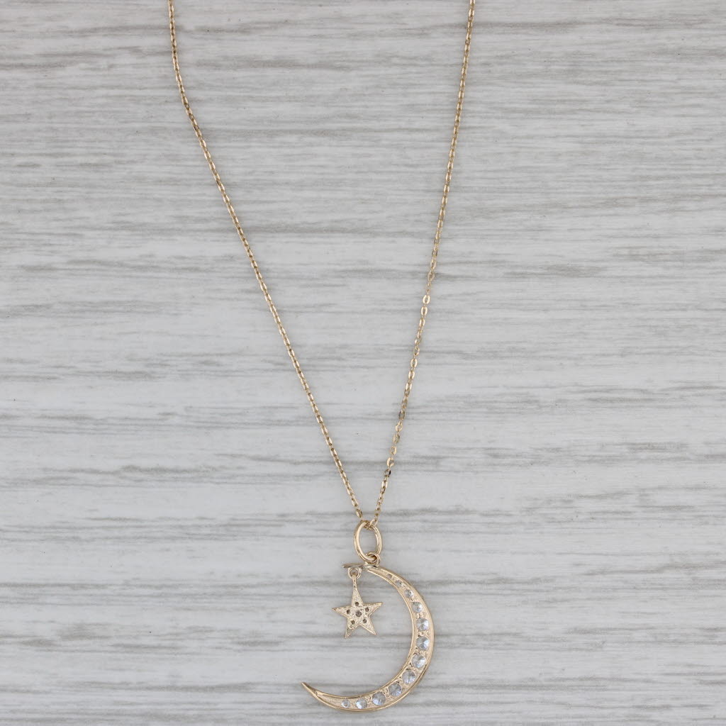Gray 0.28ctw Cubic Zirconia Crescent Moon Star Pendant Necklace 14k Gold 16" 18"