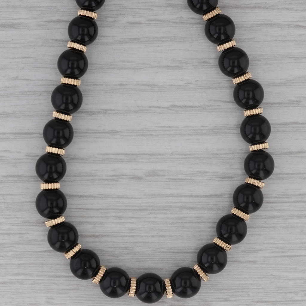 Dark Gray Onyx Bead Strand Necklace 14k Yellow Gold 29.25"