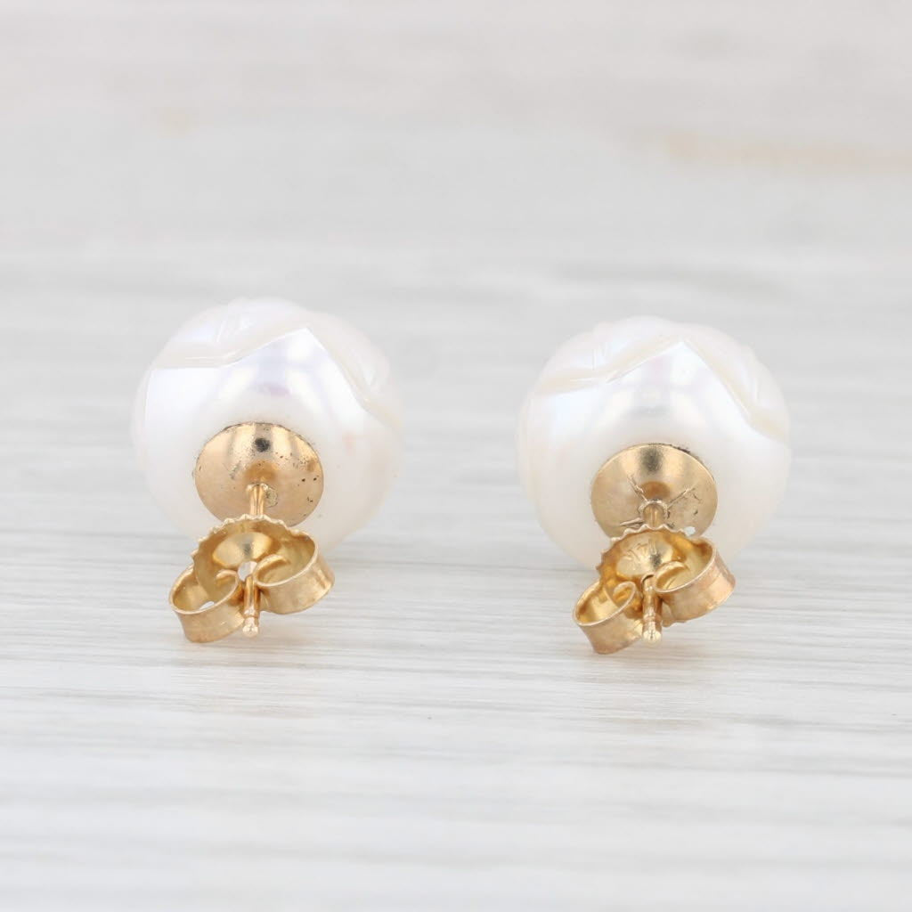 Light Gray New Cultured Pearl Morning Glory Flower Sapphire Stud Earrings 14k Gold Galatea