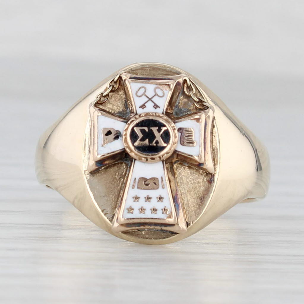 Light Gray Sigma Chi Fraternity Ring 10k Gold Enamel Vintage Converted Badge Signet Sz 9.5