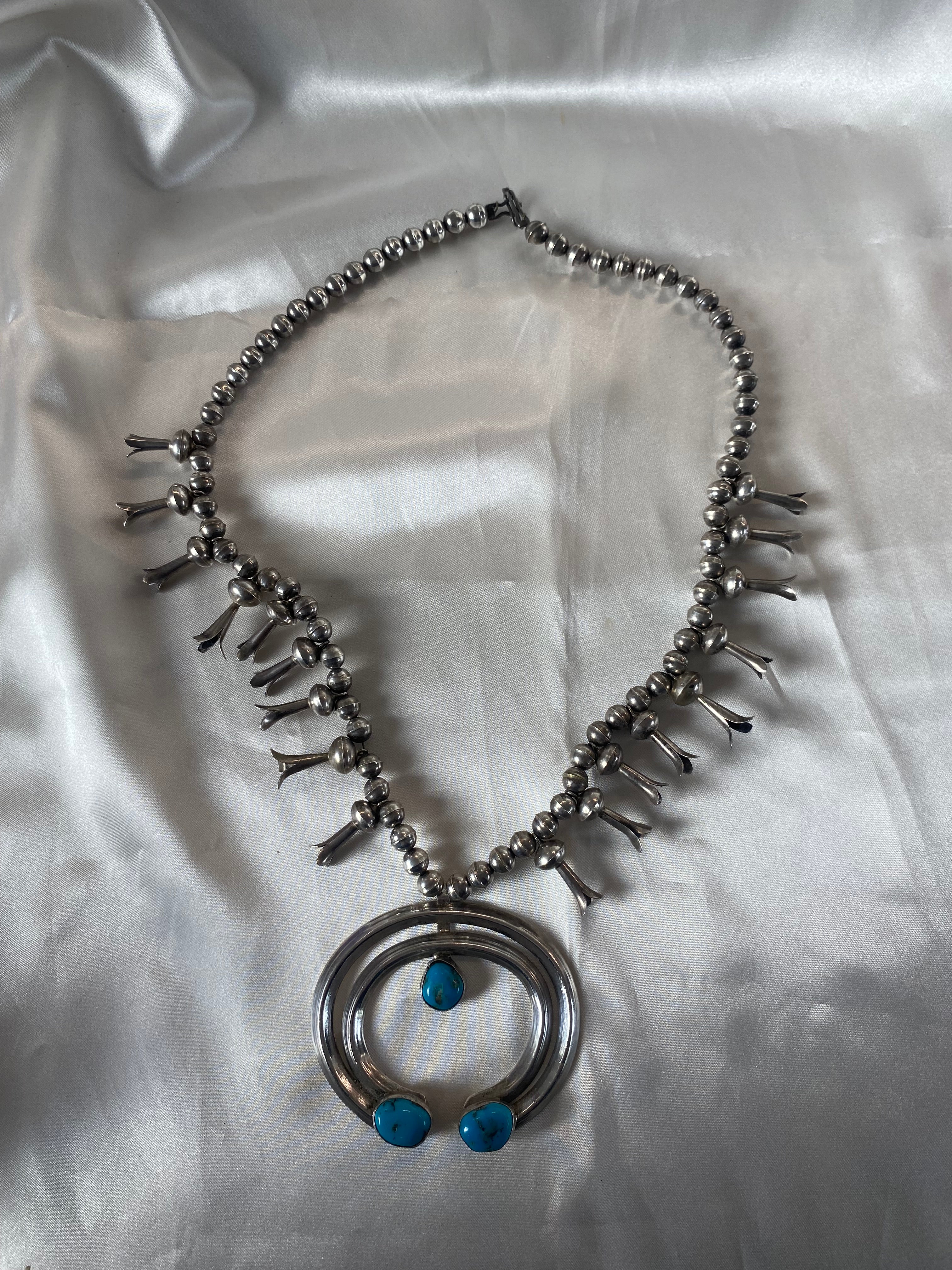 Vintage Native American Large Squash Blossom Necklace Turquoise Sterling Silver