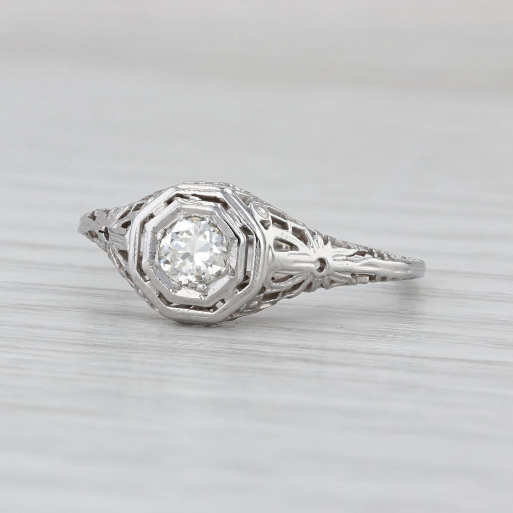 Art Deco 0.25ct Diamond Solitaire Engagement Ring 18k White Gold Floral Filigree