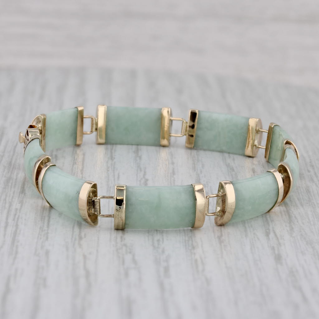 Gray Green Jadeite Jade Bar Link Bracelet 10k Gold 7.25" Chinese Good Fortune