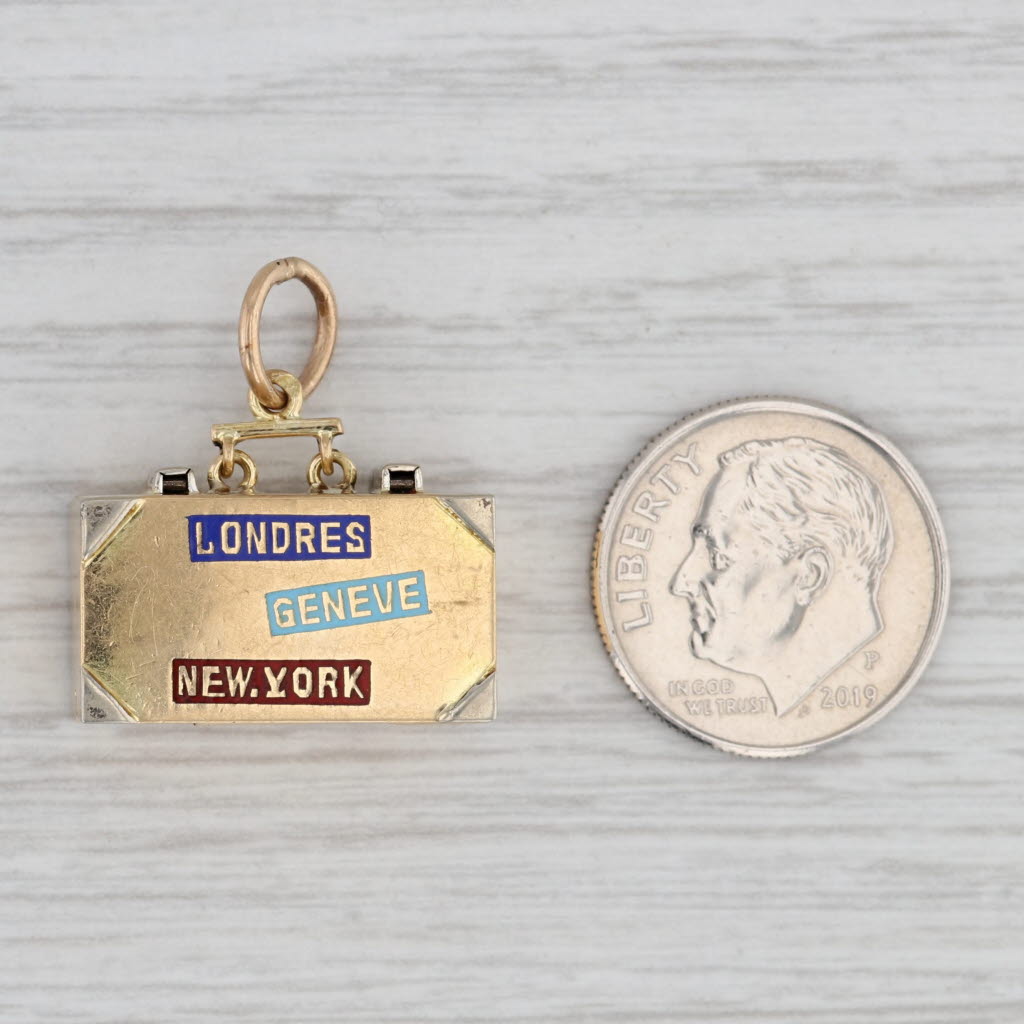 Gray Vintage French Suitcase Souvenir Charm 18k Gold Enamel Opens Heart Inside