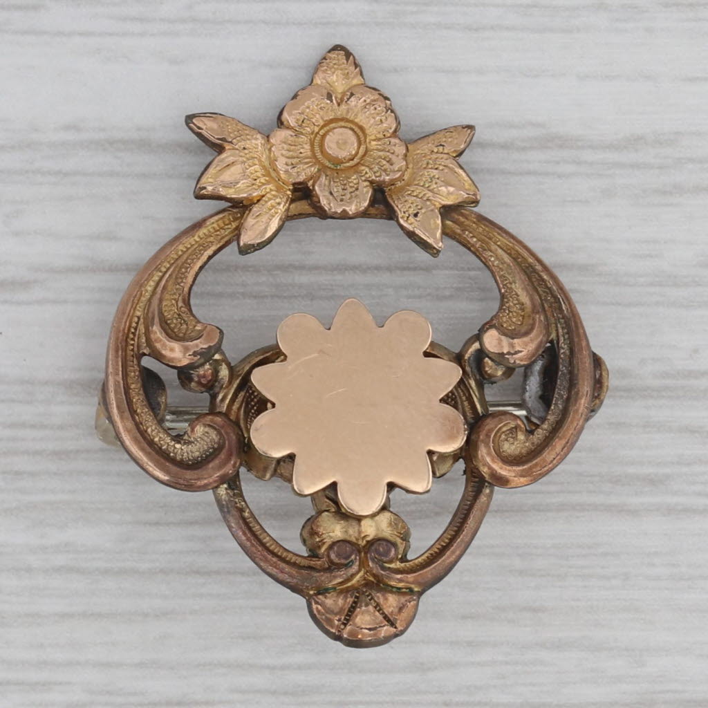 Gray Antique Victorian Flower Pin Gold Filled Engravable Brooch