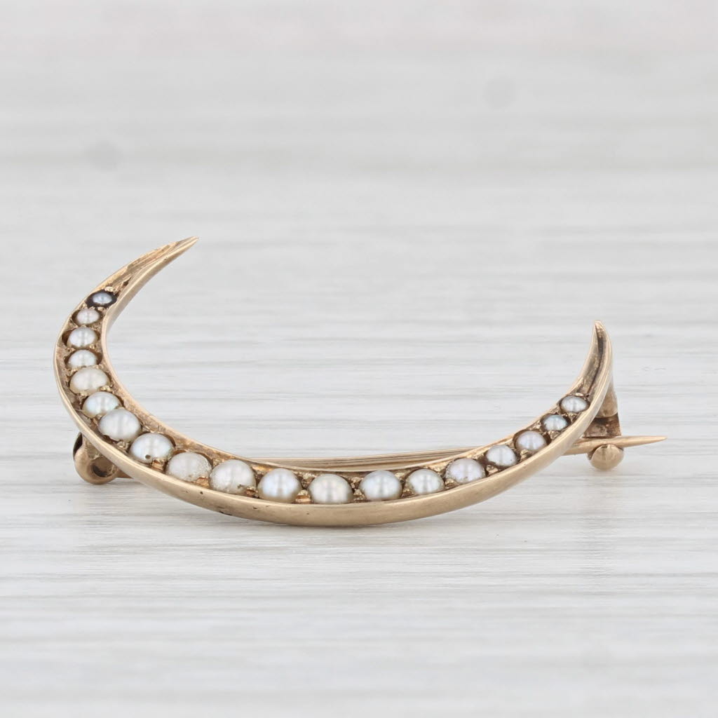 Light Gray Vintage Seed Pearl Crescent Moon Brooch 14k Gold Pin