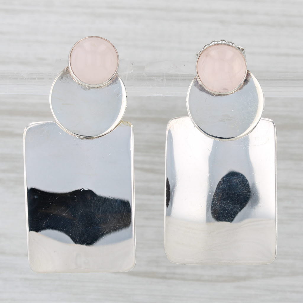 Pink Rose Quartz Dangle Earrings Sterling Silver Round Cabochons