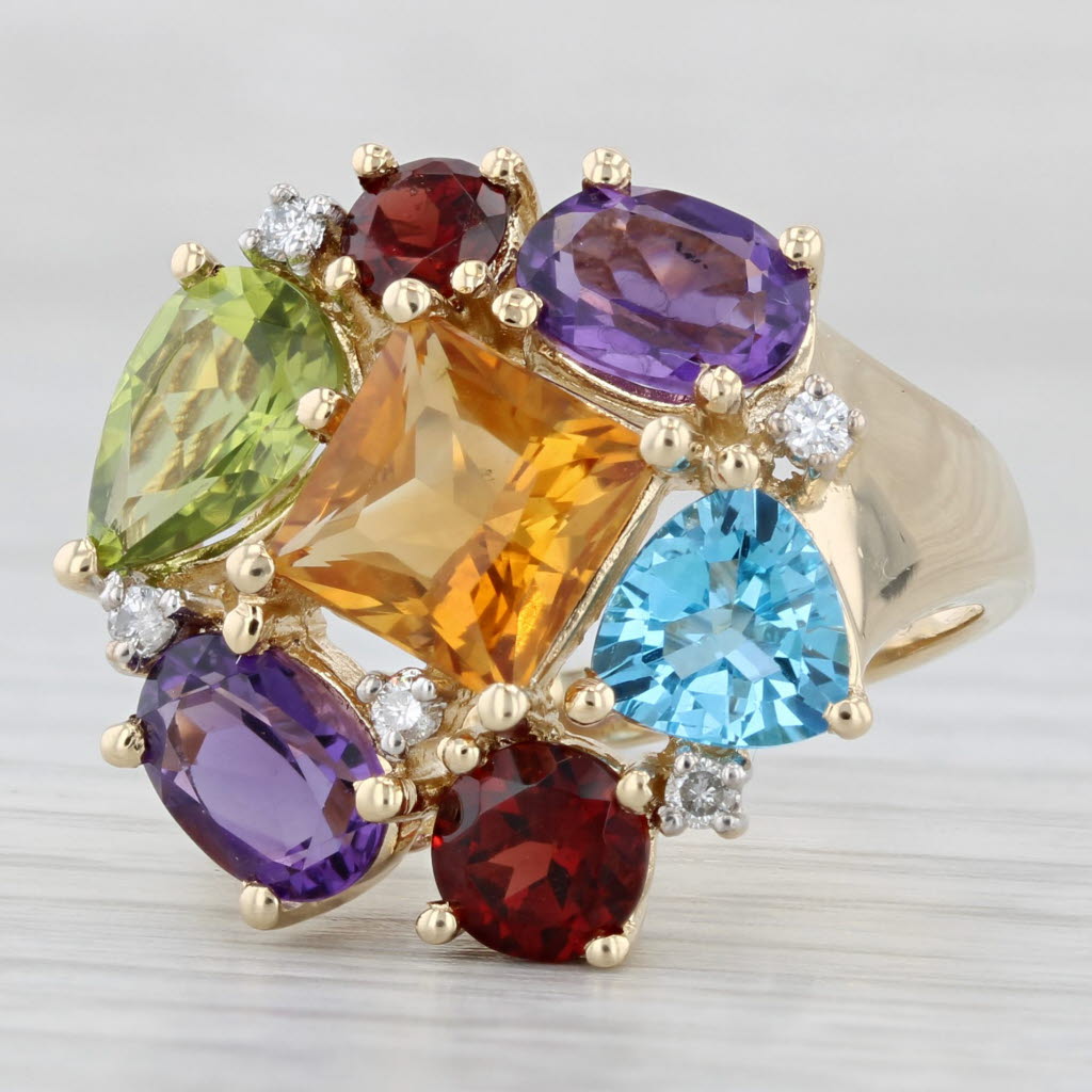 Light Gray 6.40ctw Gemstone Cluster Ring 14k Yellow Gold Size 7.25 Peridot Citrine Amethyst