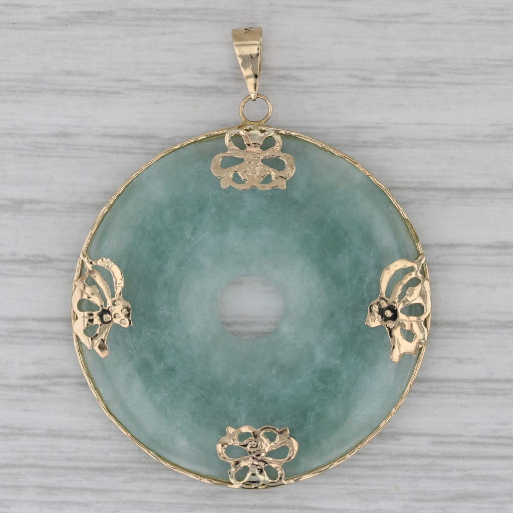 Gray Green Jadeite Jade Torus Butterfly Pendant 14k Yellow Gold