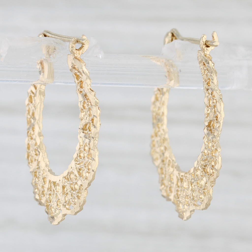 Light Gray Filigree Hoop Earrings 14k Yellow Gold Snap Top Posts Round Doily Hoops