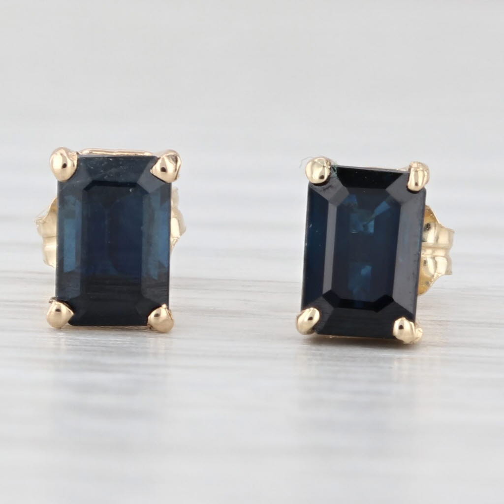 Light Gray 1.80ctw Blue Sapphire Stud Earrings 14k Yellow Gold Emerald Cut Solitaires