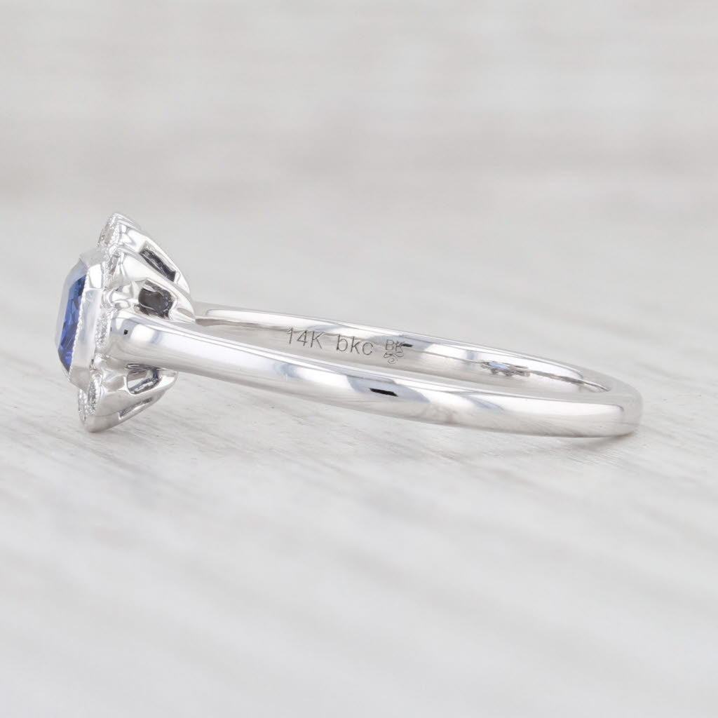 New 0.81ctw Blue Sapphire White Diamond Halo Ring 14k White Gold 6.5 Engagement