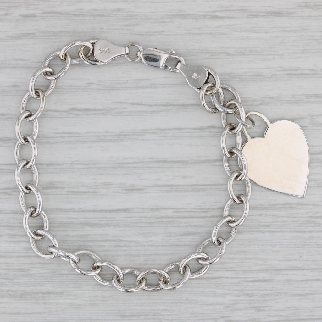 Gray Engravable Heart Charm Bracelet 14k White Gold 7.25" Cable Chain