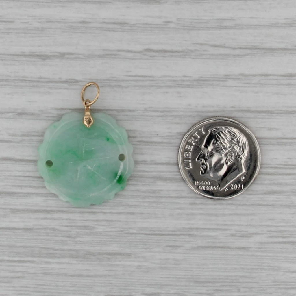 Vintage Green Jadeite Jade Character Carved Disc Pendant 14k Yellow Gold