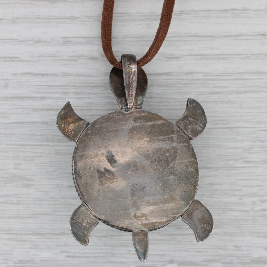 Gray Vintage Turquoise Large Turtle Pendant Necklace Sterling Silver Leather Cord