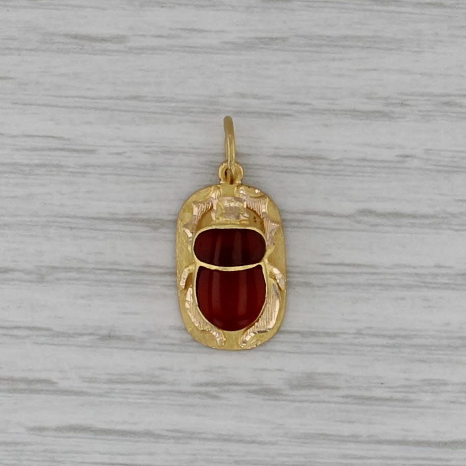 Egyptian Scarab Charm 18k Yellow Gold Red Carnelian Bug Pendant