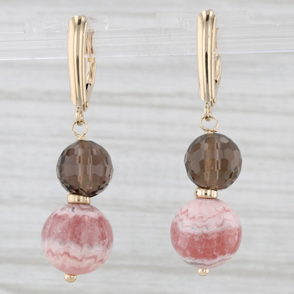 Light Gray Smoky Quartz Rhodochrosite Bead Dangle Earrings 14k Yellow Gold