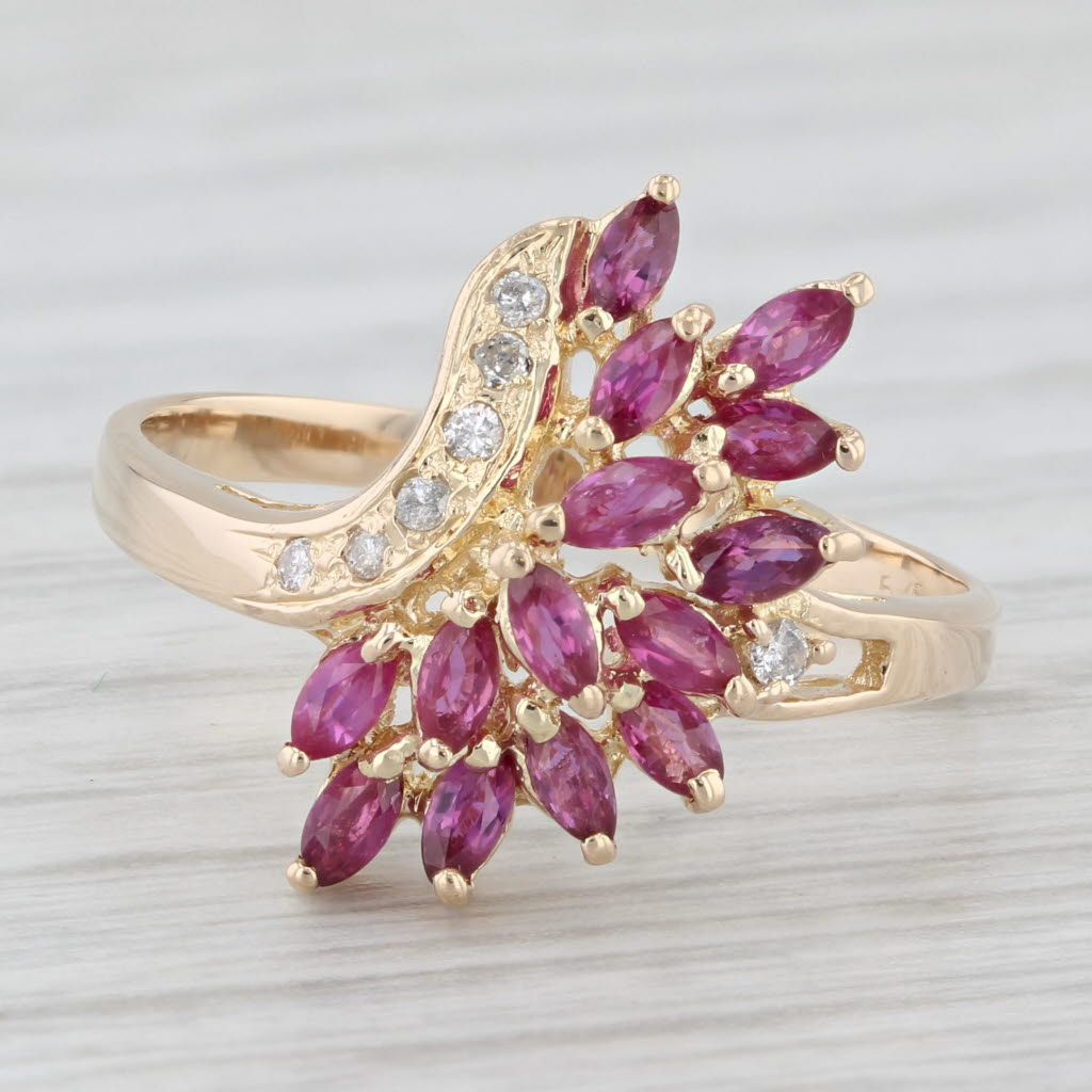 Light Gray 0.74ctw Ruby Diamond Cluster Ring 14k Yellow Gold Bypass Size 7.5