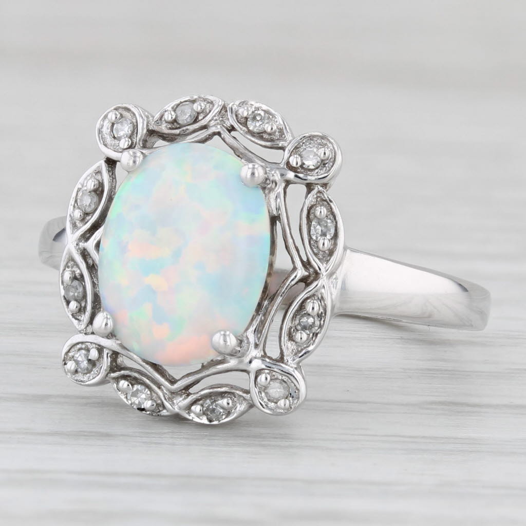 Light Gray Lab Created Opal Diamond Halo Ring 10k White Gold Size 7.25 Oval Cabochon