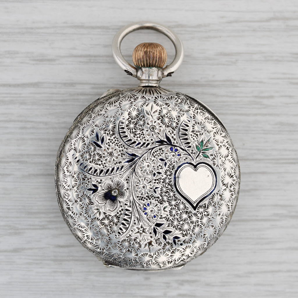 Gray Antique Pocket Watch Shaker Case Pendant Silver Enamel Floral Engraved